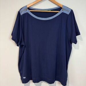 Lauren Ralph Lauren Size 3X Navy Short Sleeve Knit Top Denim & Zipper Details